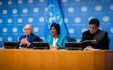 UN commissioners Chris Sidoti, left, Navi Pillay, center, and Miloon Kothari, right, discuss their probe into Israel and the Palestinians at the United Nations in New York, October 27, 2022. (Luke Tress/Times of Israel)