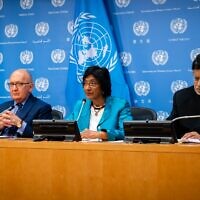 UN commissioners Chris Sidoti, left, Navi Pillay, center, and Miloon Kothari, right, discuss their probe into Israel and the Palestinians at the United Nations in New York, October 27, 2022. (Luke Tress/Times of Israel)