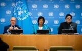 UN commissioners Chris Sidoti, left, Navi Pillay, center, and Miloon Kothari, right, discuss their probe into Israel and the Palestinians at the United Nations in New York, October 27, 2022. (Luke Tress/Times of Israel)
