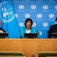 UN commissioners Chris Sidoti, left, Navi Pillay, center, and Miloon Kothari, right, discuss their probe into Israel and the Palestinians at the United Nations in New York, October 27, 2022. (Luke Tress/Times of Israel)