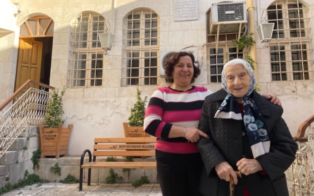 Olga stands with her husband Daoud Cemel's 90-year-old mom, Adile, in Antakya, Turkey. (David I. Klein/ JTA)