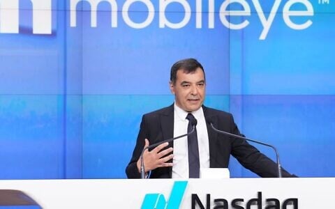 Mobileye co-founder and CEO Professor Amnon Shashua speaks at the Nasdaq exchange in New York after the Intel subsidiary went public, October 26, 2022. (Nasdaq)