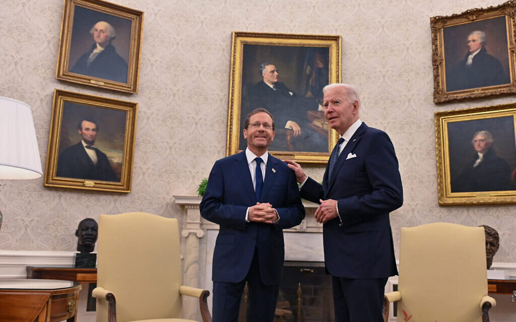 President Isaac Herzog, left, and US President Joe Biden, right, at the White House, October 26, 2022. (Kobi Gideon/GPO) President Isaac Herzog, left, and US President Joe Biden, right, at the White House, October 26, 2022. (Kobi Gideon/GPO)
