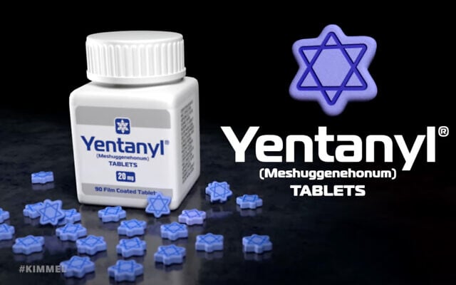 A Jimmy Kimmel sketch advertises a medication for antisemites known as "Yentanyl." (Screenshot/YouTube; used in accordance with Clause 27a of the Copyright Law) A Jimmy Kimmel sketch advertises a medication for antisemites known as "Yentanyl." (Screenshot/YouTube; used in accordance with Clause 27a of the Copyright Law)