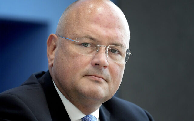 Arne Schoenbohm, President of the Federal Office for Information Security, attends a press conference in Berlin, Germany, Wednesday, July 14, 2021 on the 'security of the federal elections 2021'. (AP Photo/Michael Sohn, pool)