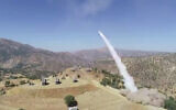 In this image taken from video footage provided by Iranian military, September 29, 2022, a missile is launched during an attack targeting the Iraqi Kurdish region. (Iranian military via AP)