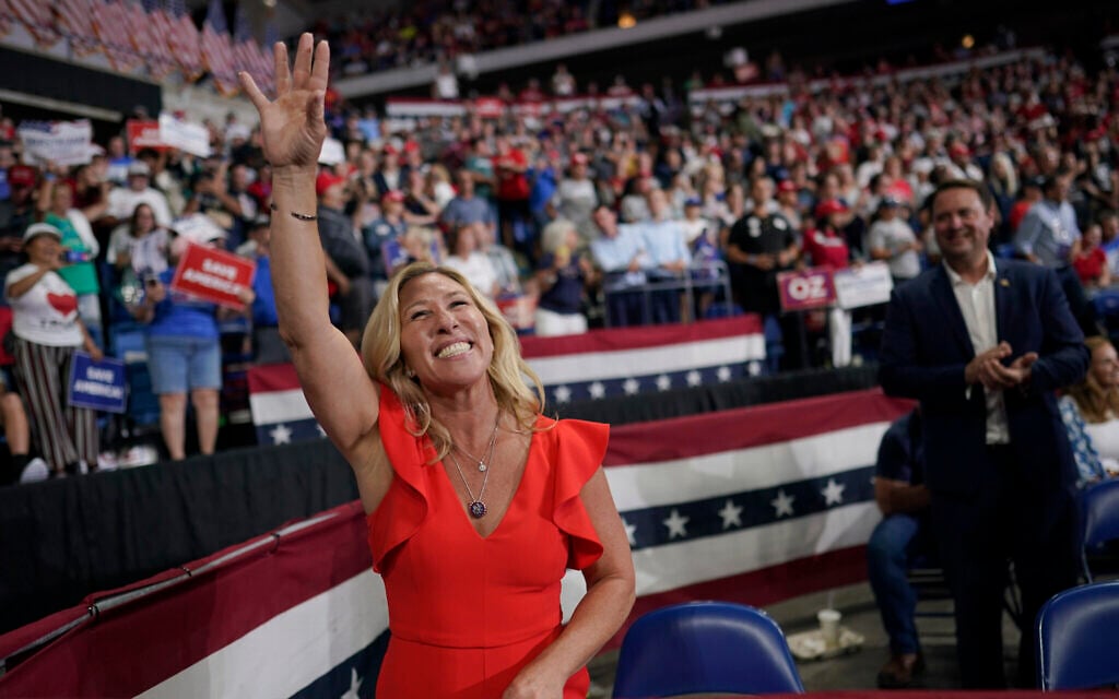 Rep. Marjorie Taylor Greene, R-Ga., waves at supporters before former President Donald Trump speaks at a rally in Wilkes-Barre, Pa., September 3, 2022. (AP Photo/Mary Altaffer, File) Rep. Marjorie Taylor Greene, R-Ga., waves at supporters before former President Donald Trump speaks at a rally in Wilkes-Barre, Pa., September 3, 2022. (AP Photo/Mary Altaffer, File)