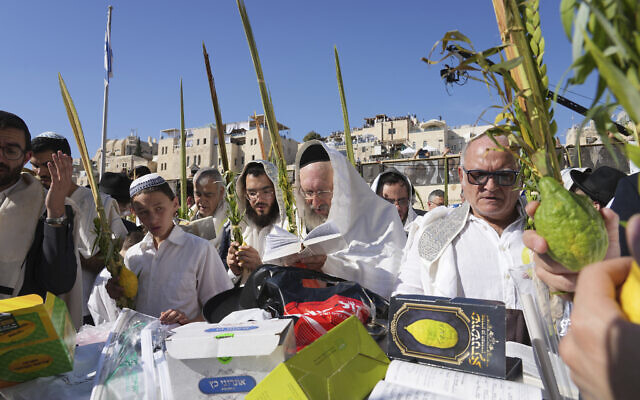 Worshippers pray with the four species of Sukkot — a palm branch, myrtle, willow and etrog, a citrus fruit, as ultra-Orthodox Jewish men of the priestly caste pray covered in prayer shawls as they participate in a blessing during the Jewish holiday of Sukkot at the Western Wal, in the Old City of Jerusalem Wednesday, Oct. 12, 2022. (AP Photo/Tsafrir Abayov)