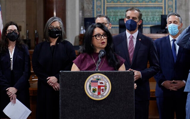 Los Angeles City Council President Nury Martinez, at podium, at a news conference in Los Angeles on April 1, 2022. (AP/Damian Dovarganes) Los Angeles City Council President Nury Martinez, at podium, at a news conference in Los Angeles on April 1, 2022. (AP/Damian Dovarganes)