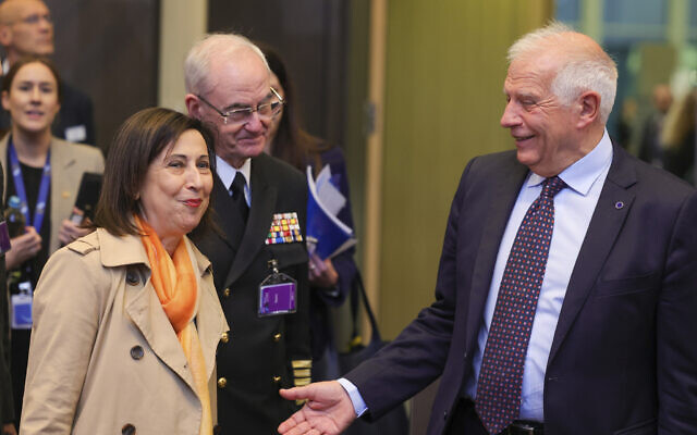 European Union foreign policy chief Josep Borrell, right, speaks with Spanish Defense Minister Margarita Robles at NATO headquarters in Brussels, October 13, 2022. (AP Photo/Olivier Matthys) European Union foreign policy chief Josep Borrell, right, speaks with Spanish Defense Minister Margarita Robles at NATO headquarters in Brussels, October 13, 2022. (AP Photo/Olivier Matthys)