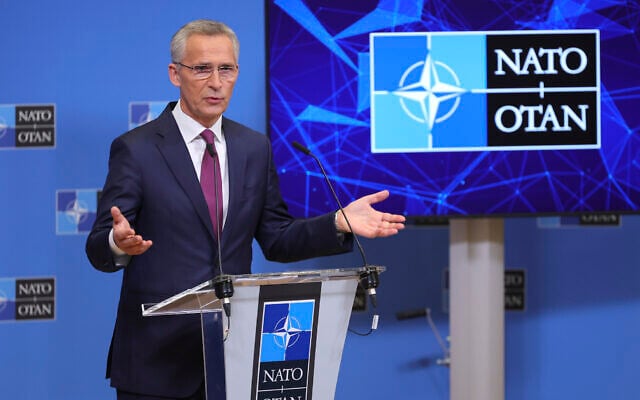 NATO Secretary General Jens Stoltenberg speaks during a media conference after a meeting of NATO defense ministers at NATO headquarters in Brussels, October 13, 2022. (AP Photo/Olivier Matthys) NATO Secretary General Jens Stoltenberg speaks during a media conference after a meeting of NATO defense ministers at NATO headquarters in Brussels, October 13, 2022. (AP Photo/Olivier Matthys)