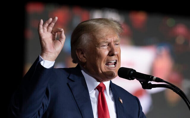 Former president Donald Trump speaks at the Minden Tahoe Airport in Minden, Nevada, on October 8, 2022. New York’s attorney general has asked a judge Thursday, Oct. 13, to bar the Trump Organization from selling or transferring assets without court approval while a legal battle plays out over her fraud allegations against the former president’s company. (AP Photo/José Luis Villegas, Pool, File) Former president Donald Trump speaks at the Minden Tahoe Airport in Minden, Nevada, on October 8, 2022. New York’s attorney general has asked a judge Thursday, Oct. 13, to bar the Trump Organization from selling or transferring assets without court approval while a legal battle plays out over her fraud allegations against the former president’s company. (AP Photo/José Luis Villegas, Pool, File)