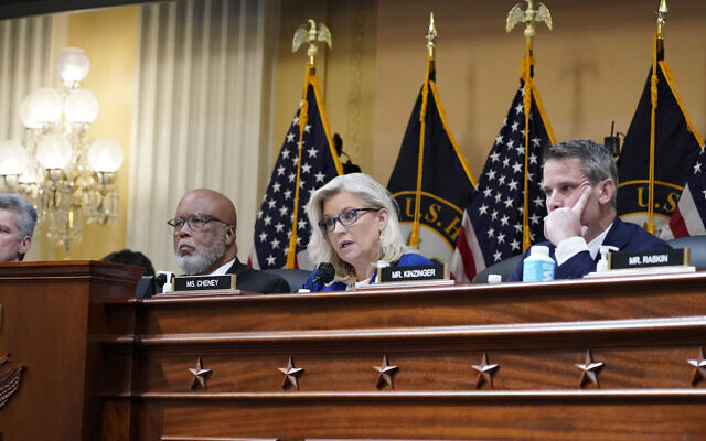 Vice Chair Liz Cheney, R-Wyo., speaks as the House select committee investigating the January 6 attack on the US Capitol, holds a hearing on Capitol Hill in Thursday, October 13, 2022. Chairman Bennie Thompson, D-Miss., is left, Rep. Adam Kinzinger, R-Ill., is right. (J. Scott Applewhite/AP) Vice Chair Liz Cheney, R-Wyo., speaks as the House select committee investigating the January 6 attack on the US Capitol, holds a hearing on Capitol Hill in Thursday, October 13, 2022. Chairman Bennie Thompson, D-Miss., is left, Rep. Adam Kinzinger, R-Ill., is right. (J. Scott Applewhite/AP)