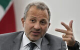 Christian nationalist Free Patriotic Movement head Gebran Bassil, who is allied with the Hezbollah terror group, gestures as he speaks during an interview with The Associated Press, in Beirut, Lebanon, October 17, 2022. (AP/Hussein Malla)
