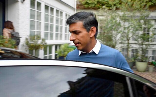 Former Treasury chief Rishi Sunak outside his home in London, October 22, 2022. (Beresford Hodge/PA via AP) Former Treasury chief Rishi Sunak outside his home in London, October 22, 2022. (Beresford Hodge/PA via AP)