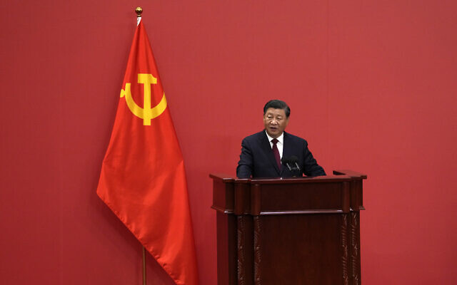 Chinese President Xi Jinping speaks at an event to introduce new members of the Politburo Standing Committee at the Great Hall of the People in Beijing, October 23, 2022. (Ng Han Guan/AP) Chinese President Xi Jinping speaks at an event to introduce new members of the Politburo Standing Committee at the Great Hall of the People in Beijing, October 23, 2022. (Ng Han Guan/AP)
