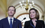 US Speaker of the House Nancy Pelosi, Democrat of California, right, and Israeli President Isaac Herzog, left, talk to reporters October 25, 2022, on Capitol Hill in Washington. (AP/Mariam Zuhaib)