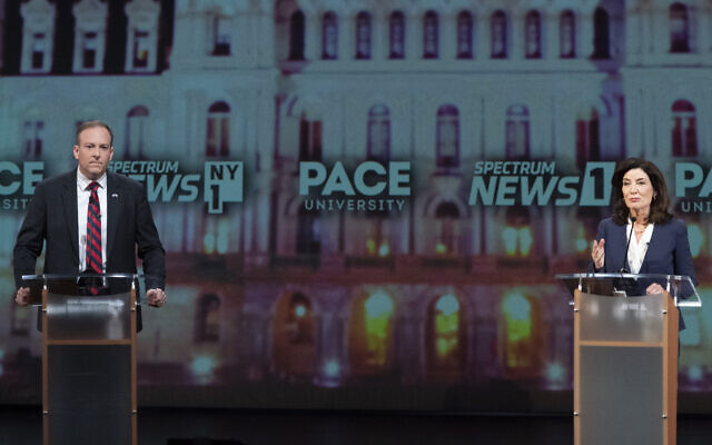 Republican candidate for New York Governor Lee Zeldin, left, participates in a debate against incumbent Democratic Gov. Kathy Hochul hosted by Spectrum News NY1, October 25, 2022, at Pace University in New York. (AP Photo/Mary Altaffer, Pool) Republican candidate for New York Governor Lee Zeldin, left, participates in a debate against incumbent Democratic Gov. Kathy Hochul hosted by Spectrum News NY1, October 25, 2022, at Pace University in New York. (AP Photo/Mary Altaffer, Pool)