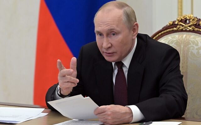 Russian President Vladimir Putin chairs a meeting with the heads of delegations of the Conference of Heads of Security and Intelligence Agencies of the Commonwealth of Independent States countries via a videoconference at the Kremlin in Moscow, Russia, October 26, 2022. (Alexei Babushkin, Sputnik, Kremlin Pool Photo via AP) Russian President Vladimir Putin chairs a meeting with the heads of delegations of the Conference of Heads of Security and Intelligence Agencies of the Commonwealth of Independent States countries via a videoconference at the Kremlin in Moscow, Russia, October 26, 2022. (Alexei Babushkin, Sputnik, Kremlin Pool Photo via AP)