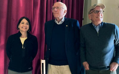Becca Balint (left), a Democratic candidate for the US House for Vermont, stands with Sen. Bernie Sanders (center), and Rep. Peter Welch, at a campaign rally in Barre, Vermont, on October 22, 2022, (AP/Lisa Rathke)