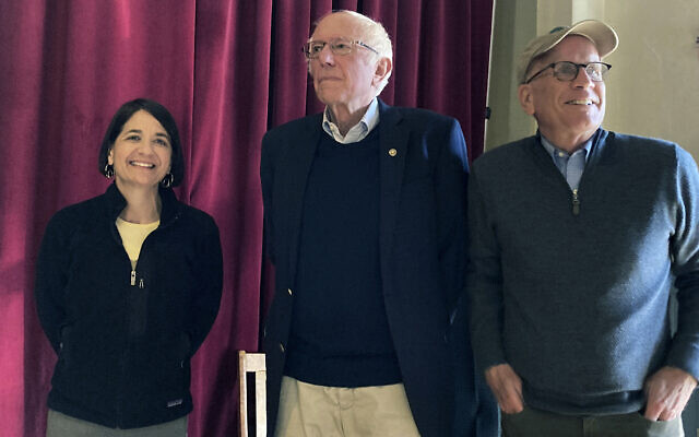 Becca Balint (left), a Democratic candidate for the US House for Vermont, stands with Sen. Bernie Sanders (center), and Rep. Peter Welch, at a campaign rally in Barre, Vermont, on October 22, 2022, (AP/Lisa Rathke) Becca Balint (left), a Democratic candidate for the US House for Vermont, stands with Sen. Bernie Sanders (center), and Rep. Peter Welch, at a campaign rally in Barre, Vermont, on October 22, 2022, (AP/Lisa Rathke)