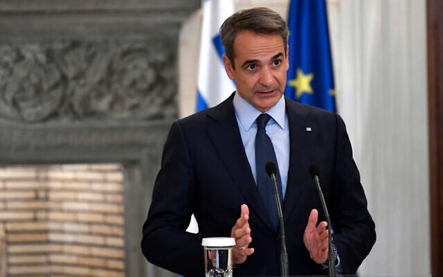 Greek Prime Minister Kyriakos Mitsotakis talks to the media during a press conference after a meeting with German Chancellor Olaf Scholz, at Maximos Mansion in Athens, October 27, 2022. (AP/Michael Varaklas) Greek Prime Minister Kyriakos Mitsotakis talks to the media during a press conference after a meeting with German Chancellor Olaf Scholz, at Maximos Mansion in Athens, October 27, 2022. (AP/Michael Varaklas)