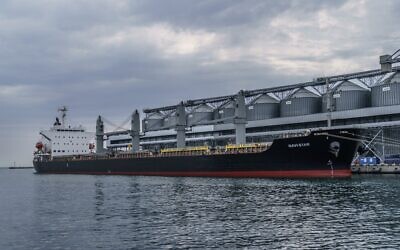 FILE - The ship Navi-Star sits full of grain since Russia's invasion of Ukraine began five months ago as it waits to sail from the Odesa Sea Port, in Odesa, Ukraine, July 29, 2022. (AP Photo/David Goldman, File)