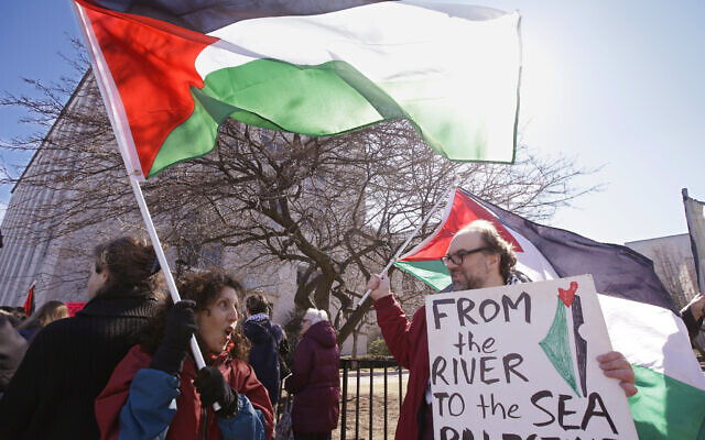 Illustrative: Pro-Palestinian protestors march along Huntington Avenue at Northeastern University on March 18, 2014. (AP/Stephan Savoia) Illustrative: Pro-Palestinian protestors march along Huntington Avenue at Northeastern University on March 18, 2014. (AP/Stephan Savoia)