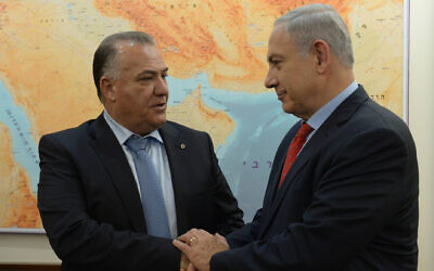 Then-Prime Minister Benjamin Netanyahu meets with Nazareth Mayor Ali Salem at the Prime Minister's Office in Jerusalem on January 13, 2016. (Haim Zach/GPO/Flash90)
