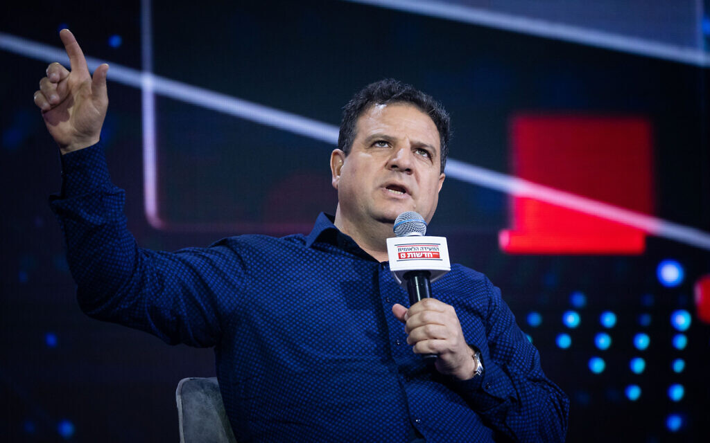 Hadash-Ta'al leader Ayman Odeh at a Channel 13 news conference in Jerusalem on July 26, 2022. (Yonatan Sindel/Flash90)