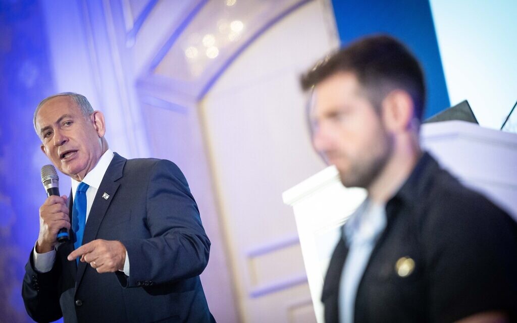 Likud party and opposition leader MK Benjamin Netanyahu speaks at a Kikar HaShabbat conference at the Waldorf Astoria Jerusalem Hotel, September 12, 2022. (Yonatan Sindel/Flash90)