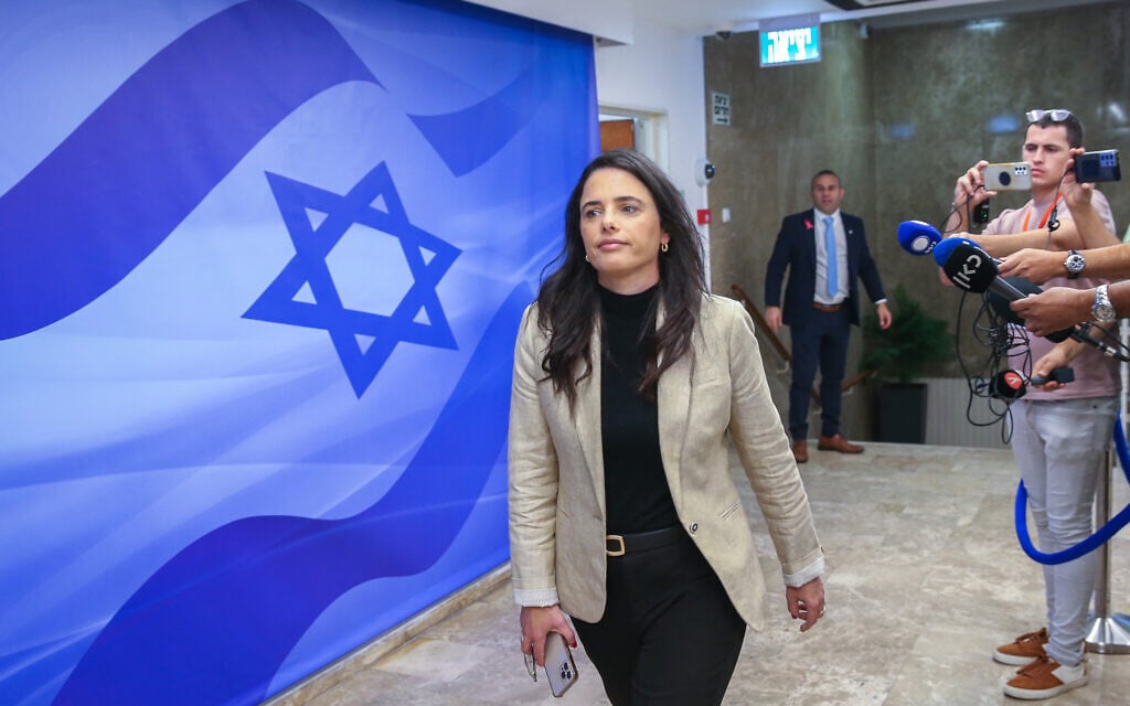 Interior Minister Ayelet Shaked arrives for a cabinet meeting at the Prime Minister's Office in Jerusalem on October 2, 2022. (Amit Shabi/Flash90/Pool) Interior Minister Ayelet Shaked arrives for a cabinet meeting at the Prime Minister's Office in Jerusalem on October 2, 2022. (Amit Shabi/Flash90/Pool)