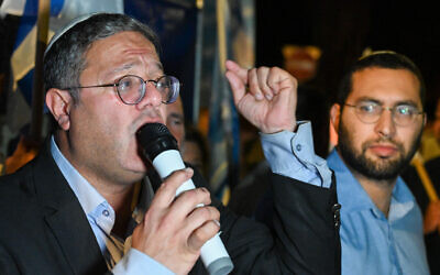 MK Itamar Ben Gvir, head of the Otzma Yehudit political party, visits Kibbutz Ayelet Hashahar, northern Israel, October 6, 2022. (Michael Giladi/Flash90)