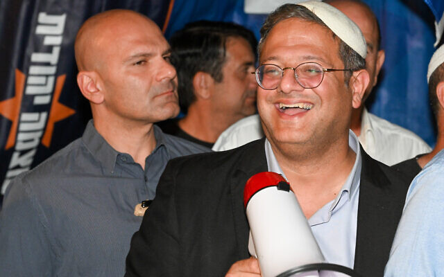 MK Itamar Ben Gvir, head of the Otzma Yehudit political party visits in Kibbutz Ayelet HaShahar, northern Israel, October 6, 2022. (Michael Giladi/Flash90)