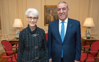US Deputy Secretary of State Wendy Sherman, left, meets with Palestinian Authority Minister of Civilian Affairs Hussein al-Sheikh in Washington DC, on October 4, 2022. (US State Department/Twitter)