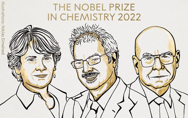 (From left) Carolyn R. Bertozzi, Morten Meldal and K. Barry Sharplesshe, winners of the 2022 Nobel Prize in Chemistry 'for the development of click chemistry and bioorthogonal chemistry.' (Royal Swedish Academy of Sciences) (From left) Carolyn R. Bertozzi, Morten Meldal and K. Barry Sharplesshe, winners of the 2022 Nobel Prize in Chemistry 'for the development of click chemistry and bioorthogonal chemistry.' (Royal Swedish Academy of Sciences)