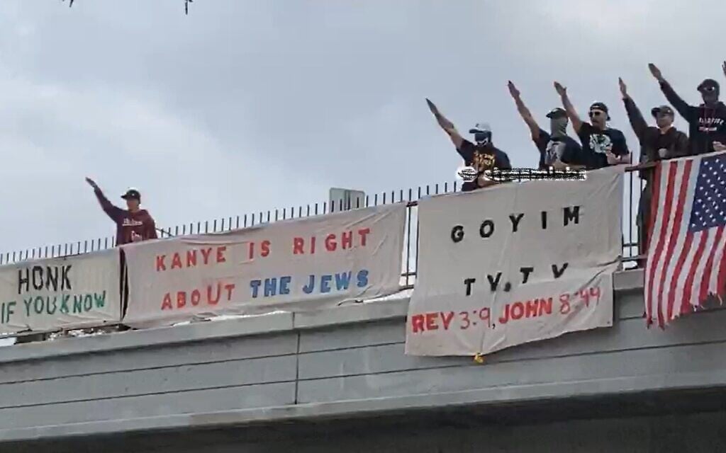 Antisemites hang a banner over a Los Angeles freeway declaring 'Kanye is right about the Jews' next to another advertising the Goyim Defense League's Goyim TV website. (Oren Segal, via Twitter/used in accordance with Clause 27a of the Copyright Law) Antisemites hang a banner over a Los Angeles freeway declaring 'Kanye is right about the Jews' next to another advertising the Goyim Defense League's Goyim TV website. (Oren Segal, via Twitter/used in accordance with Clause 27a of the Copyright Law)