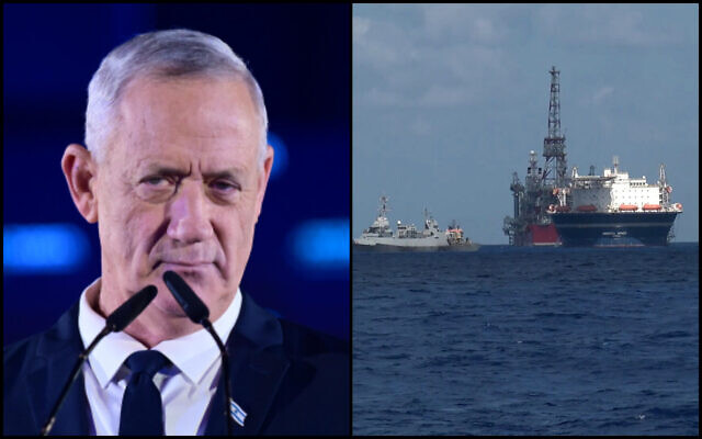 Left: Defense Minister Benny Gantz speaks at the launch of the National Unity party campaign for the upcoming elections in Tel Aviv, September 6, 2022. (Tomer Neuberg/Flash90); Right: An Israeli Sa’ar Class 5 Corvette guards the Energean floating production, storage and offloading vessel at the Karish gas field, in footage published by the military on July 2, 2022. (Israel Defense Forces) Left: Defense Minister Benny Gantz speaks at the launch of the National Unity party campaign for the upcoming elections in Tel Aviv, September 6, 2022. (Tomer Neuberg/Flash90); Right: An Israeli Sa’ar Class 5 Corvette guards the Energean floating production, storage and offloading vessel at the Karish gas field, in footage published by the military on July 2, 2022. (Israel Defense Forces)