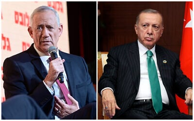 Defense Minister Benny Gantz (left) attends a conference in Tel Aviv, October 26, 2022. Turkey's President Recep Tayyip Erdogan (right) during a CICA summit, in Astana, Kazakhsta, October 13, 2022. (Avshalom Sassoni/Flash90 ; Vyacheslav Prokofyev, Sputnik, Kremlin Pool Photo via AP)