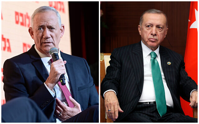 Defense Minister Benny Gantz (left) attends a conference in Tel Aviv, October 26, 2022. Turkey's President Recep Tayyip Erdogan (right) during a CICA summit, in Astana, Kazakhsta, October 13, 2022. (Avshalom Sassoni/Flash90 ; Vyacheslav Prokofyev, Sputnik, Kremlin Pool Photo via AP) Defense Minister Benny Gantz (left) attends a conference in Tel Aviv, October 26, 2022. Turkey's President Recep Tayyip Erdogan (right) during a CICA summit, in Astana, Kazakhsta, October 13, 2022. (Avshalom Sassoni/Flash90 ; Vyacheslav Prokofyev, Sputnik, Kremlin Pool Photo via AP)