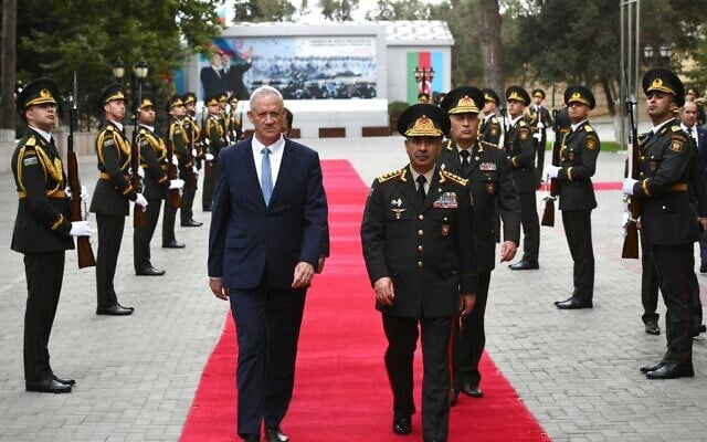 Defense Minister Benny Gantz is greeted by an honor guard in Azerbaijan on October 3, 2022. (Nicole Laskavi/Defense Ministry) Defense Minister Benny Gantz is greeted by an honor guard in Azerbaijan on October 3, 2022. (Nicole Laskavi/Defense Ministry)