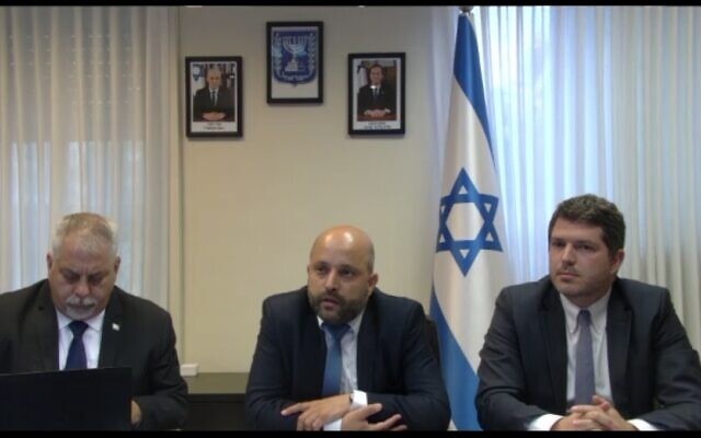 National Security Advisor Eyal Hulata holds a Zoom briefing with reporters on the Lebanon maritime border deal on October 12, 2022. (Screenshot)