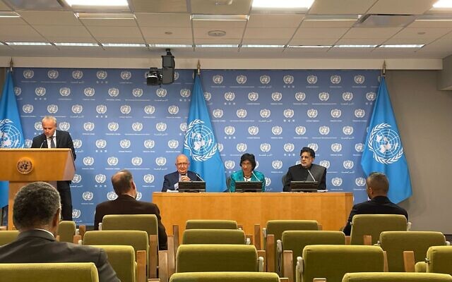 Members of the open-ended UN Commission of Inquiry into Israel speak to the press in New York on October 27, 2022. (Luke Tress/Times of Israel)