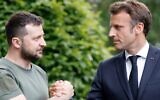 Ukrainian President Volodymyr Zelensky and French President Emmanuel Macron in a scene from a Ukrainian video, October 12, 2022 (Twitter screenshot; used in accordance with Clause 27a of the Copyright Law)