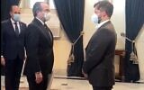 Chile's President Gabriel Boric (right) speaks with Israeli Ambassador Gil Artzyeli at the Presidential Palace in Santiago, Chile, October 1, 2022. (Twitter video screenshot, used in accordance with Clause 27a of the Copyright Law)