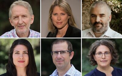 Clockwise from top left: Editor David Horovitz, political correspondent Tal Schneider, senior analyst Haviv Rettig Gur, deputy editor Amanda Borschel-Dan, settlements reporter Jeremy Sharon and political correspondent Carrie Keller-Lynn. (Ariel Jerozolimski and courtesy)