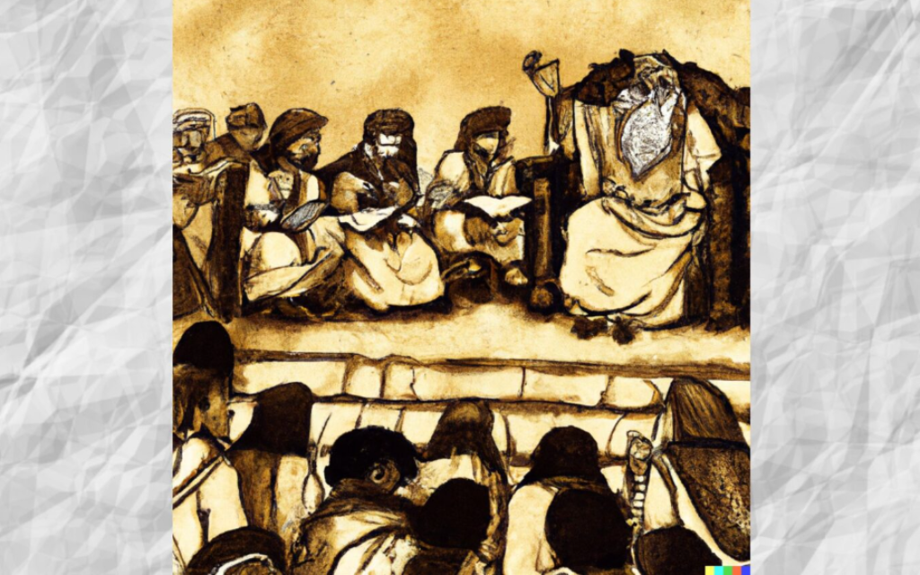 An AI-generated illustration of an ancient king reading the Torah to an assembly of Jewish men, women and children, in keeping with the commandment of hakhel. (Image generated by DALL-E via JTA) An AI-generated illustration of an ancient king reading the Torah to an assembly of Jewish men, women and children, in keeping with the commandment of hakhel. (Image generated by DALL-E via JTA)
