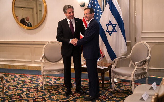 President Isaac Herzog (R) and US Secretary of State Antony Blinken meet in Washington, October, 25, 2022. (Luke Tress/Times of Israel) President Isaac Herzog (R) and US Secretary of State Antony Blinken meet in Washington, October, 25, 2022. (Luke Tress/Times of Israel)