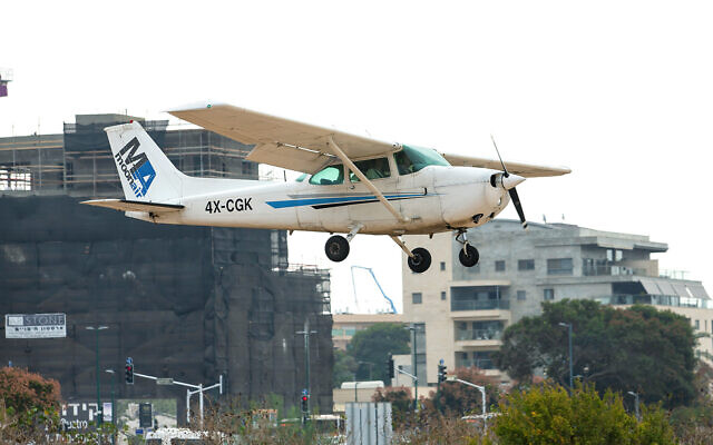 Illustrative: A civilian light aircraft at Herzliyya airport, November 15, 2019. (Moshe Shai/Flash90) Illustrative: A civilian light aircraft at Herzliyya airport, November 15, 2019. (Moshe Shai/Flash90)