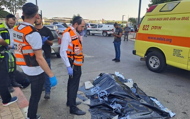 Medics at the scene of a shooting in Lod, where a 30-year-old gardener was shot dead, October 11, 2022. (Courtesy) Medics at the scene of a shooting in Lod, where a 30-year-old gardener was shot dead, October 11, 2022. (Courtesy)
